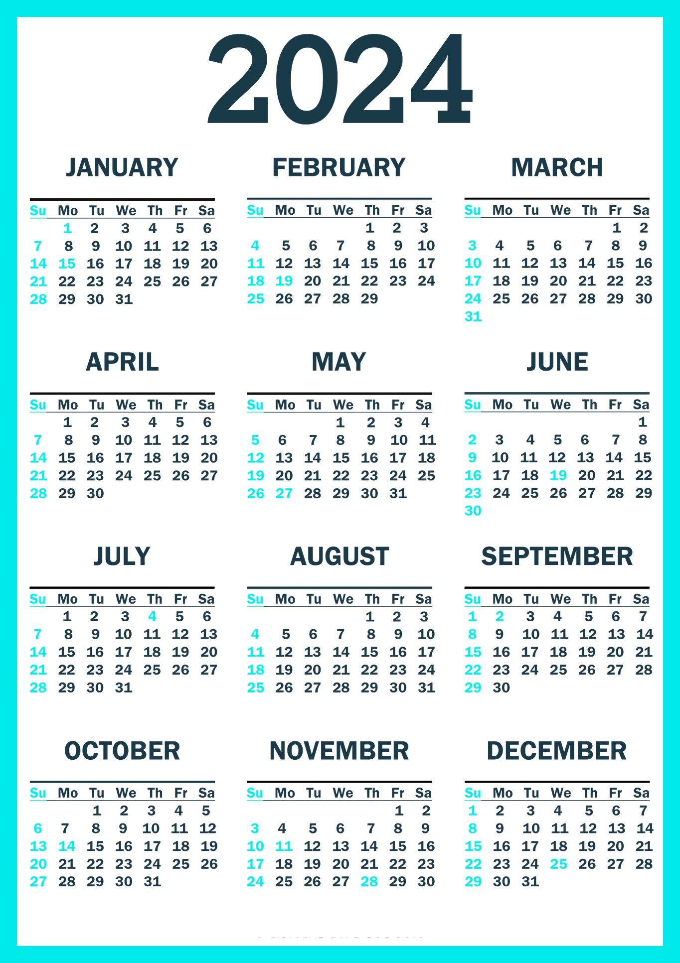 Calendar 2024 No Background (greenish blue, black)