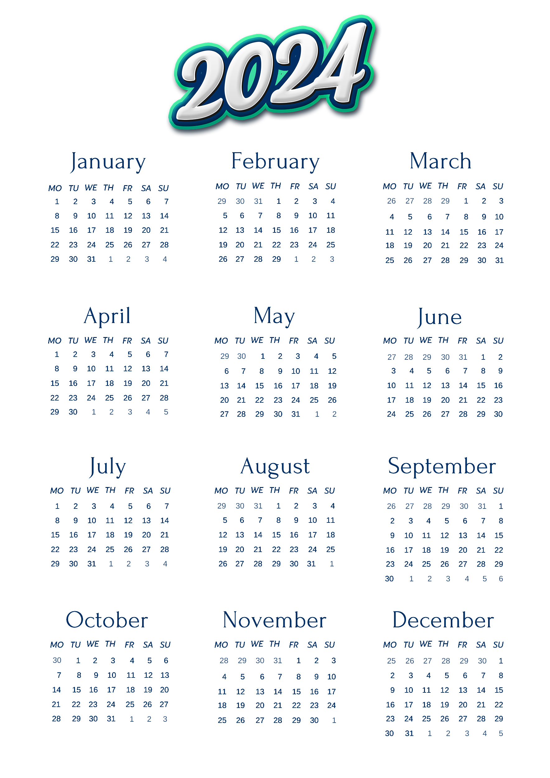 Calendar 2024 Png Clipart (teal, gray, white, lavender, navy)