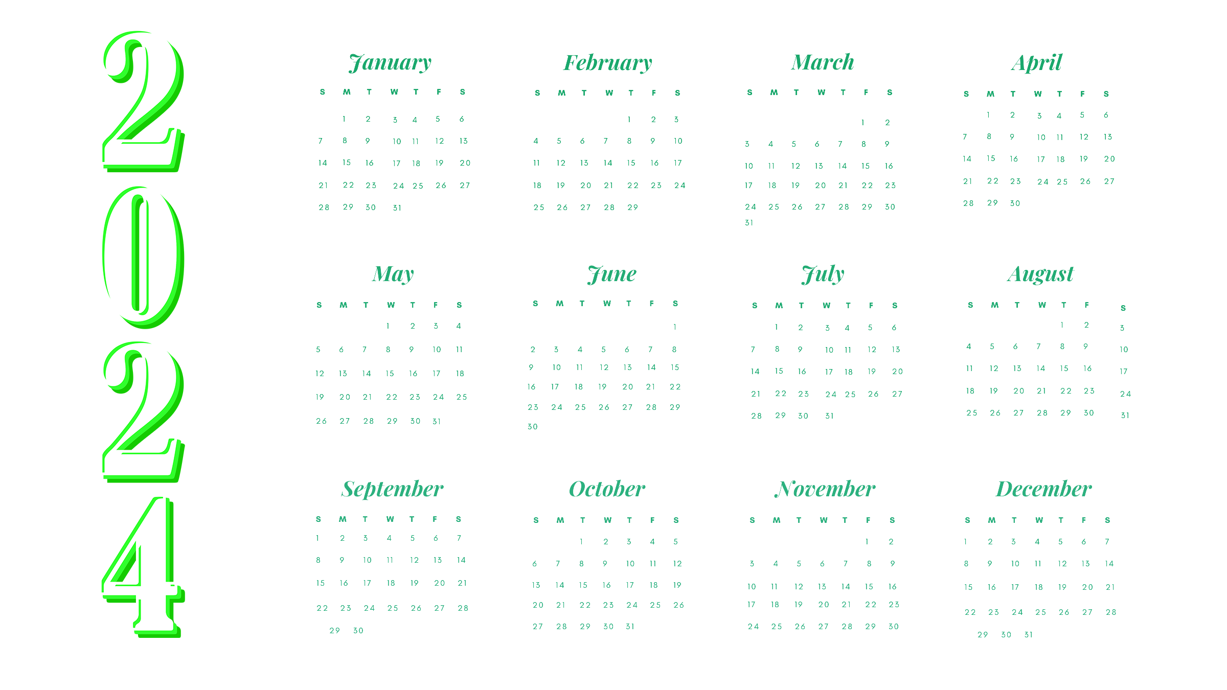 Calendar 2024 Png Hd Image (teal, white)