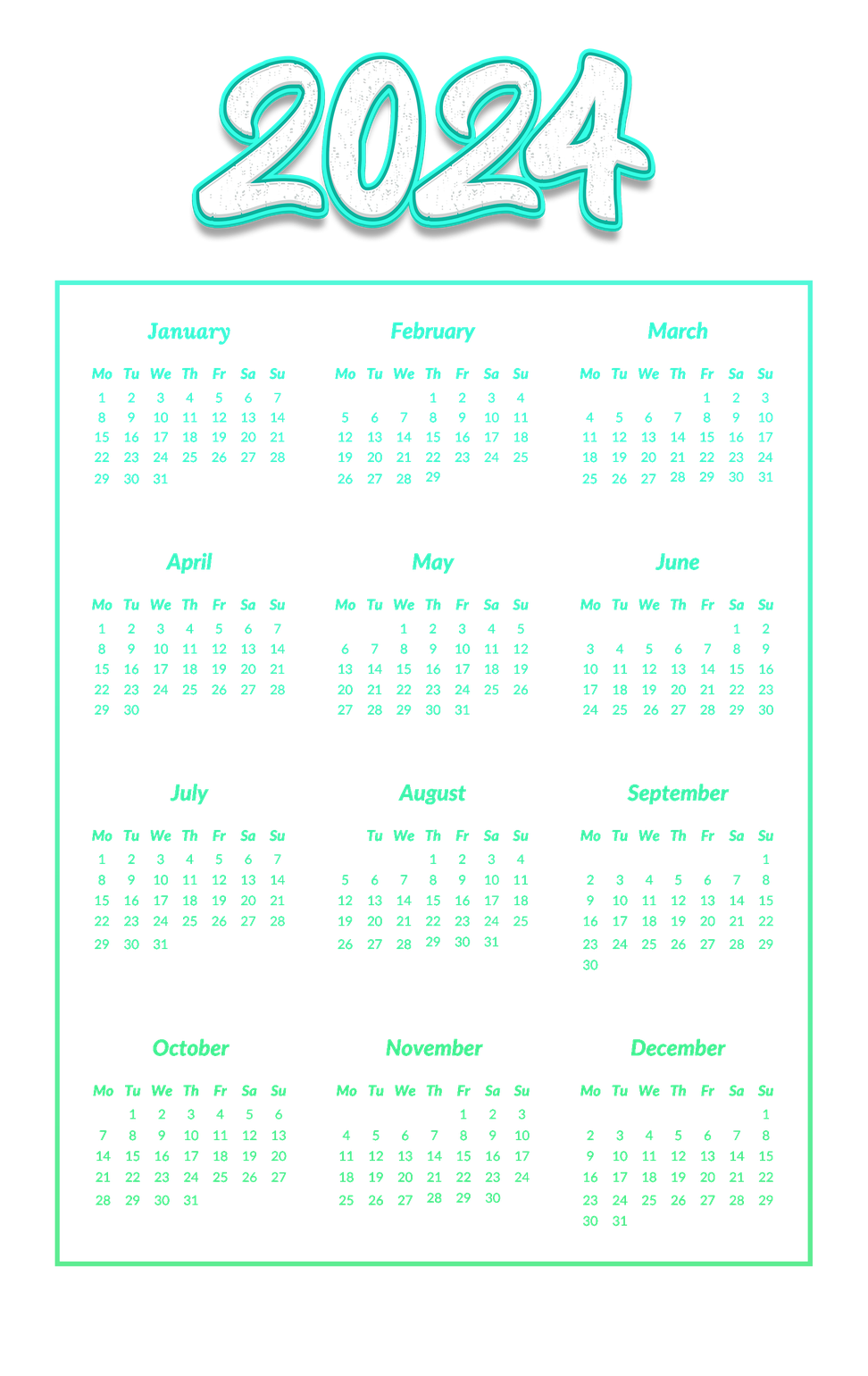 Calendar 2024 Png Isolated Hd (white, green, black, teal)