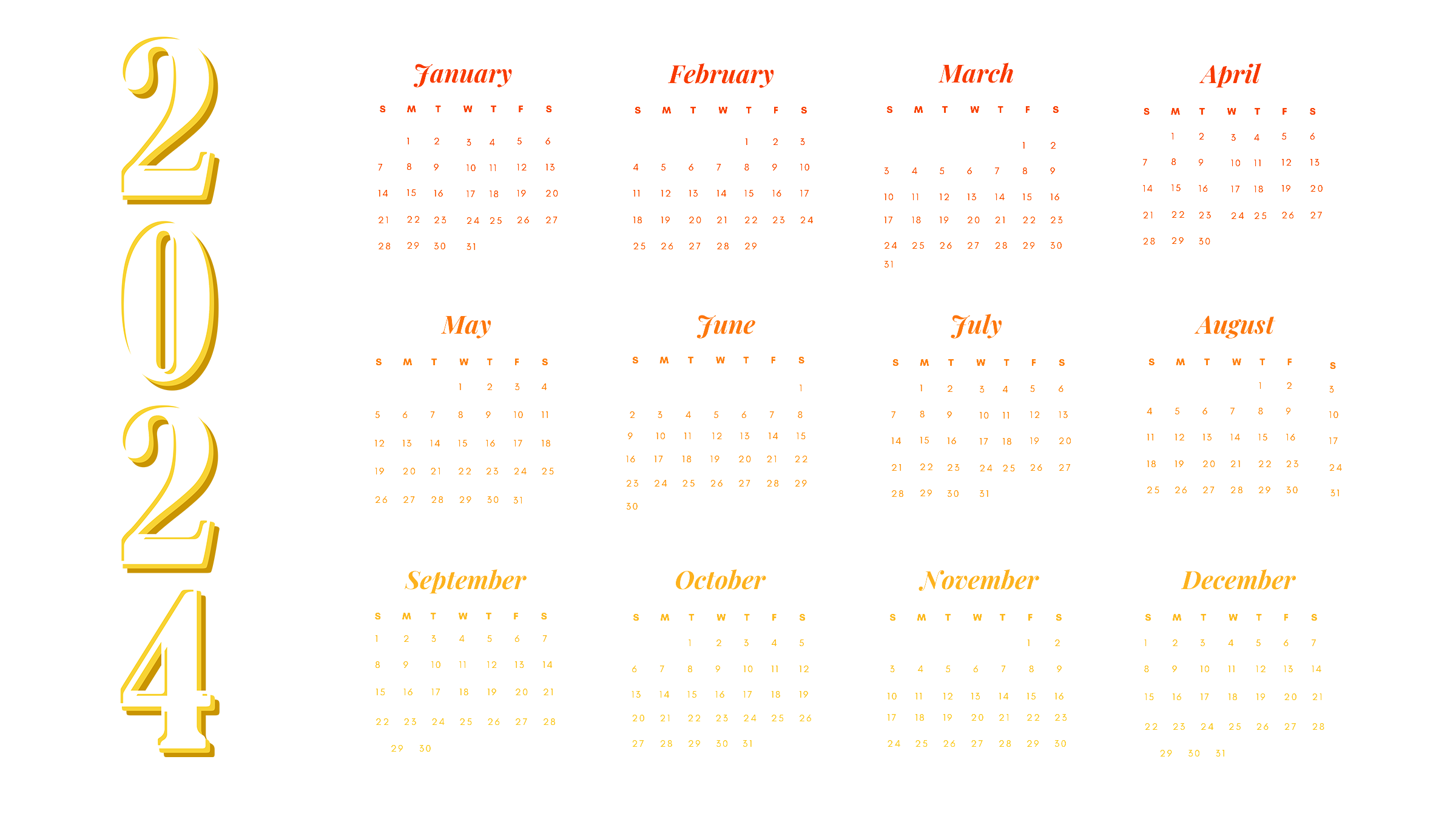 Calendar 2024 Png Picture (white, salmon, orange, red)