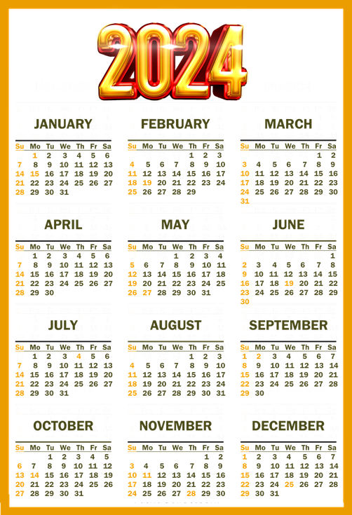 Calendar 2024 Png Transparent (white, orange, black, chocolate)