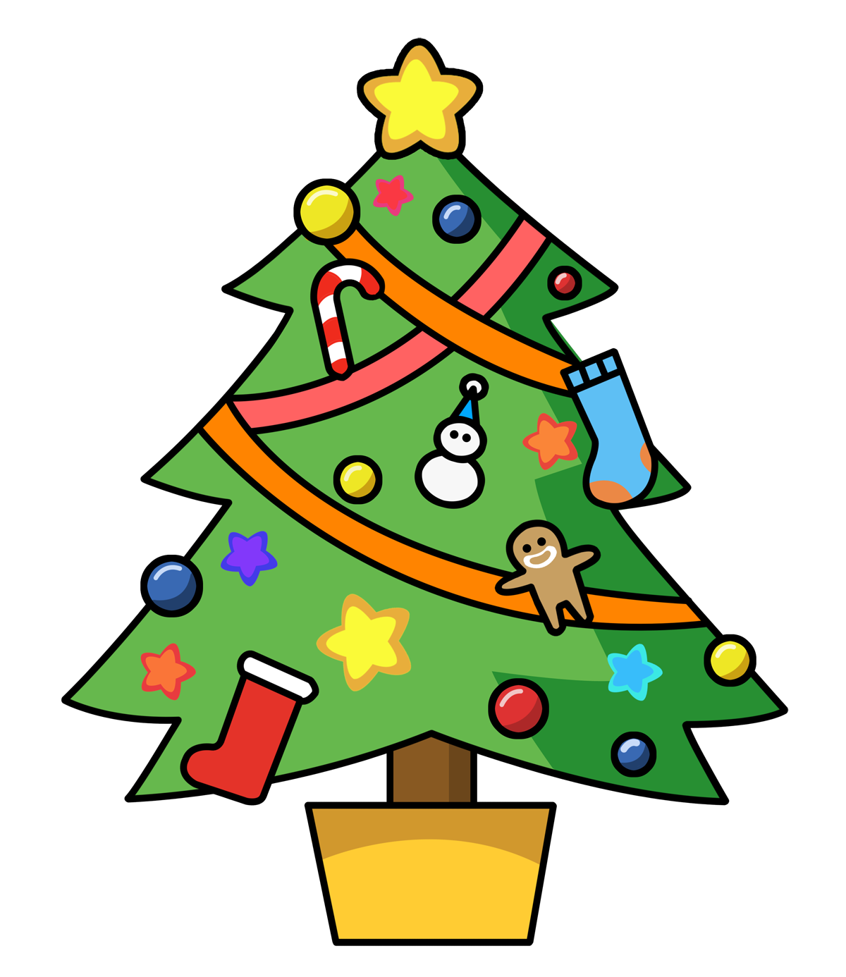 Cartoon Christmas Tree Png Image (orange, green, black, gold, gray)