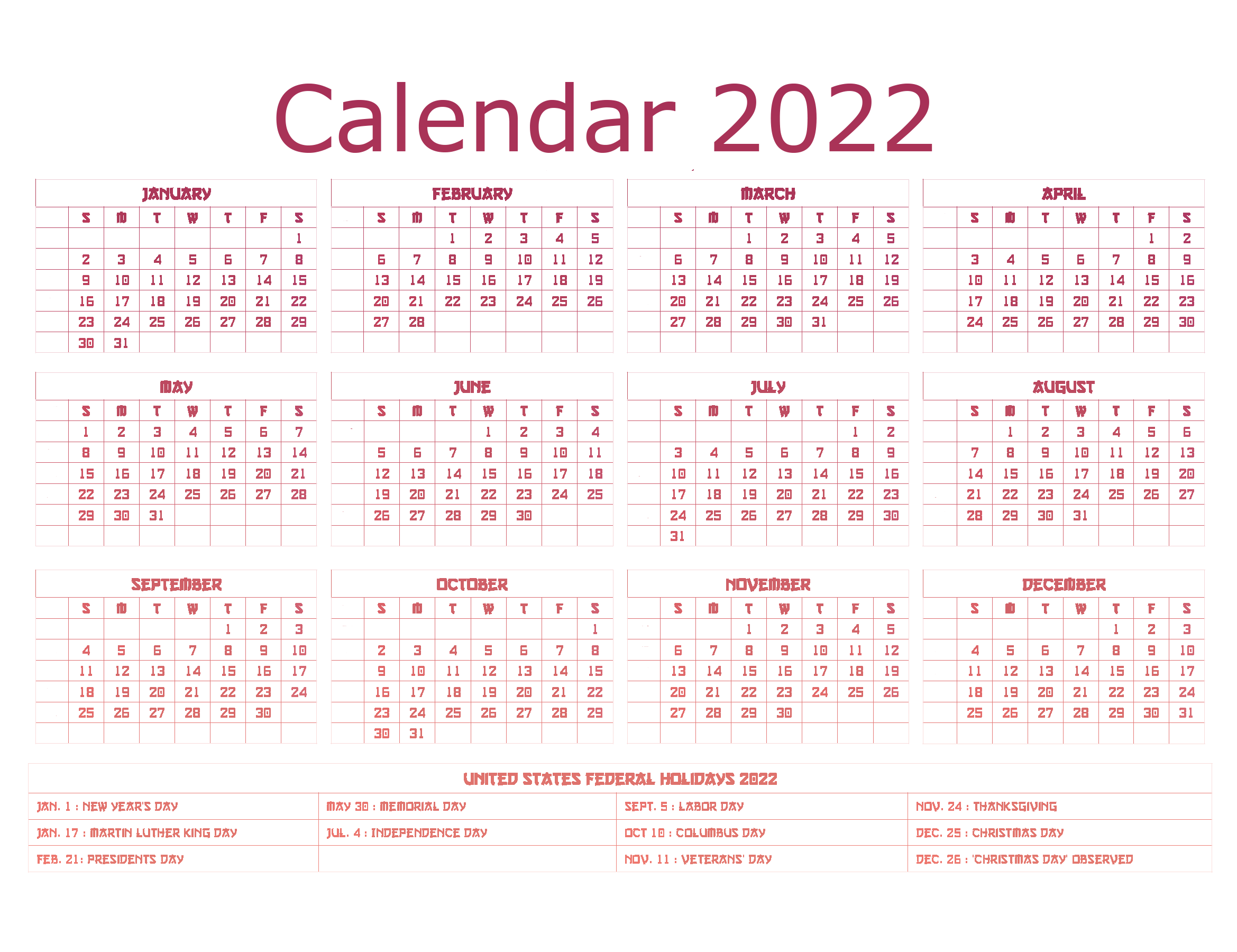 Year 2022 Calendar Png Clipart (white, salmon)