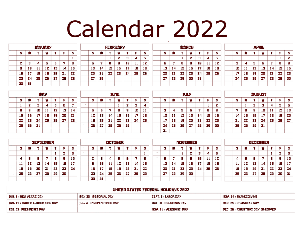 Year 2022 Calendar Png Image (black)