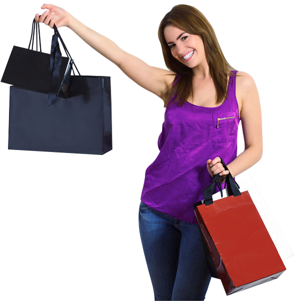 Cheerful Fashion Girl Holding Shopping Bag Transparent Png (chocolate, indigo, white)