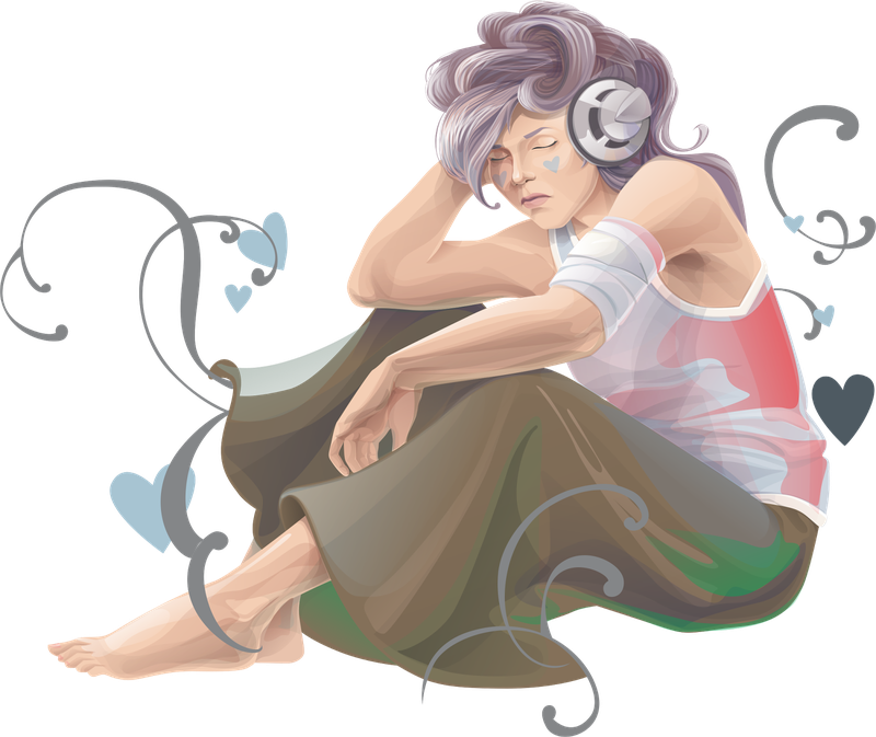 Girl Listening Music Vector Png (black, gray, silver, pink)