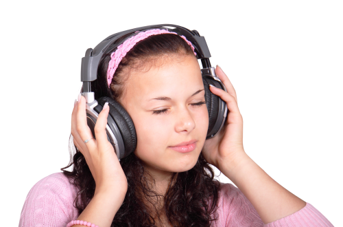 Smiling Girl Listening Music Headphone Png (pink, black)