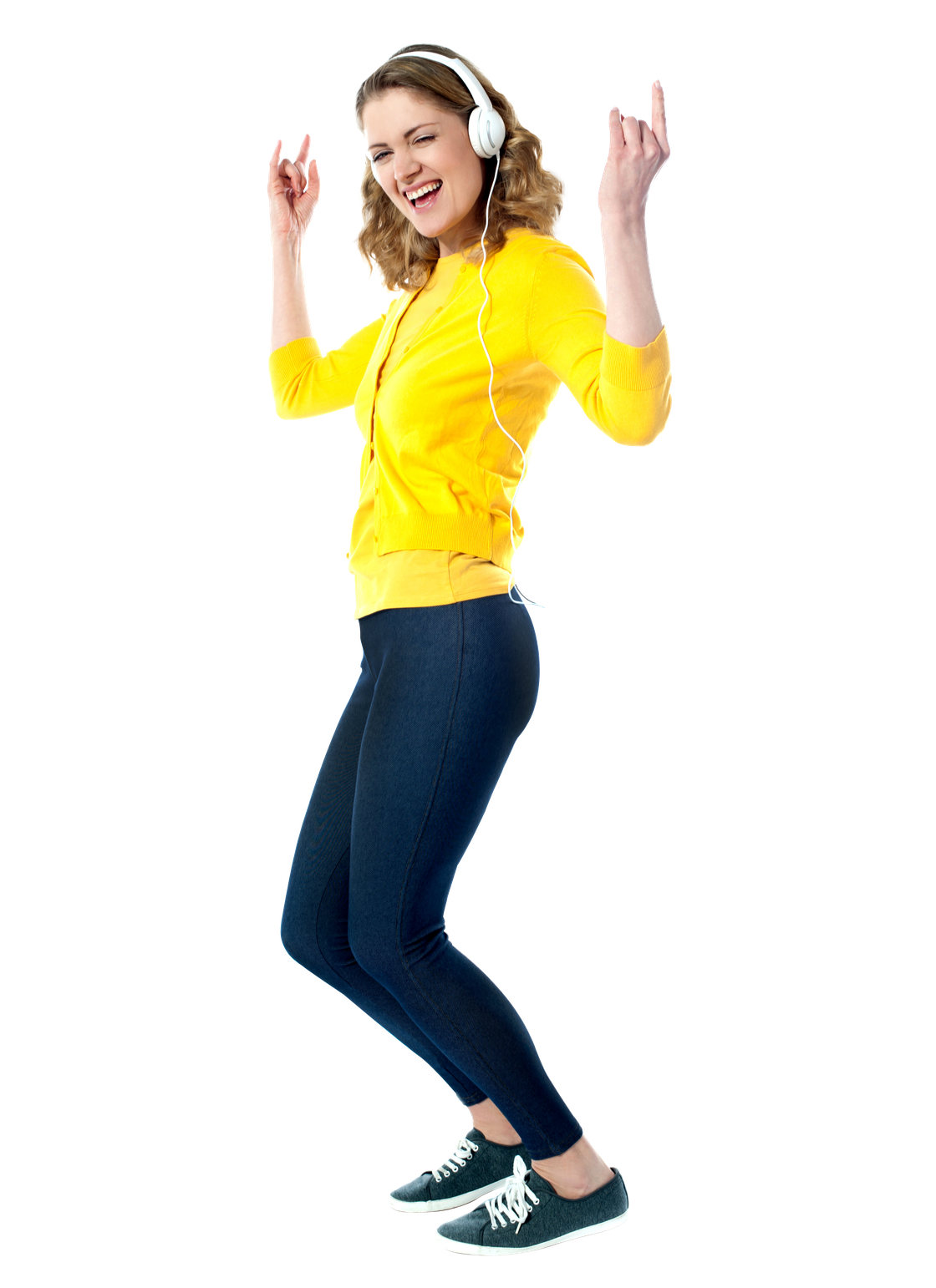 Smiling Girl Listening Music Png (yellow, navy, gold, black)