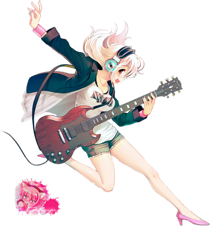 Anime Guitar Girl Png Image (black, beige)