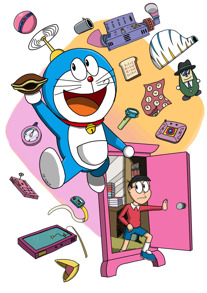 Doraemon Png Photo (white, black, greenish blue, salmon, pink)