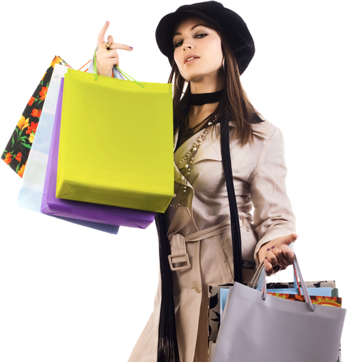 Young Fashion Girl Holding Shopping Bag Png (gold, black)