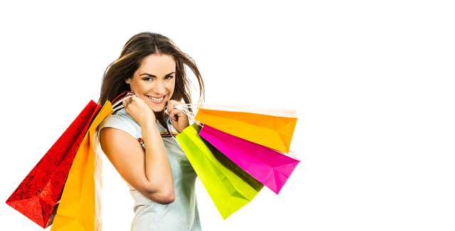 Pretty Girl Holding Shopping Bag Png (red, gold, orange, black)