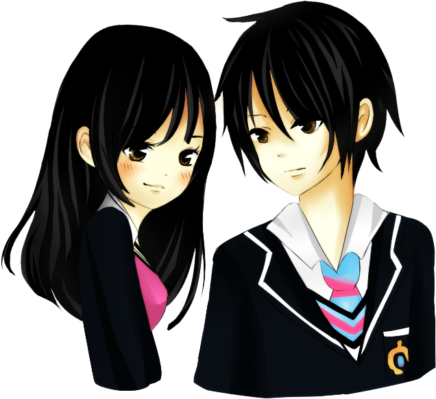 Cute Anime Couple Png Clipart (black)